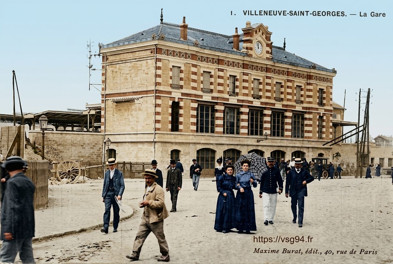 Vue d'ensemble de la silhouette et de la toiture de la gare, les voygeurs quittent la gare