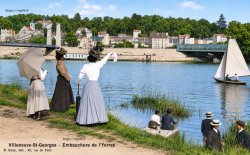Panorama sur la Seine vue sur Villeneuve, avant 1907, à gauche le pont suspendu, au fond le pont de fer PLM