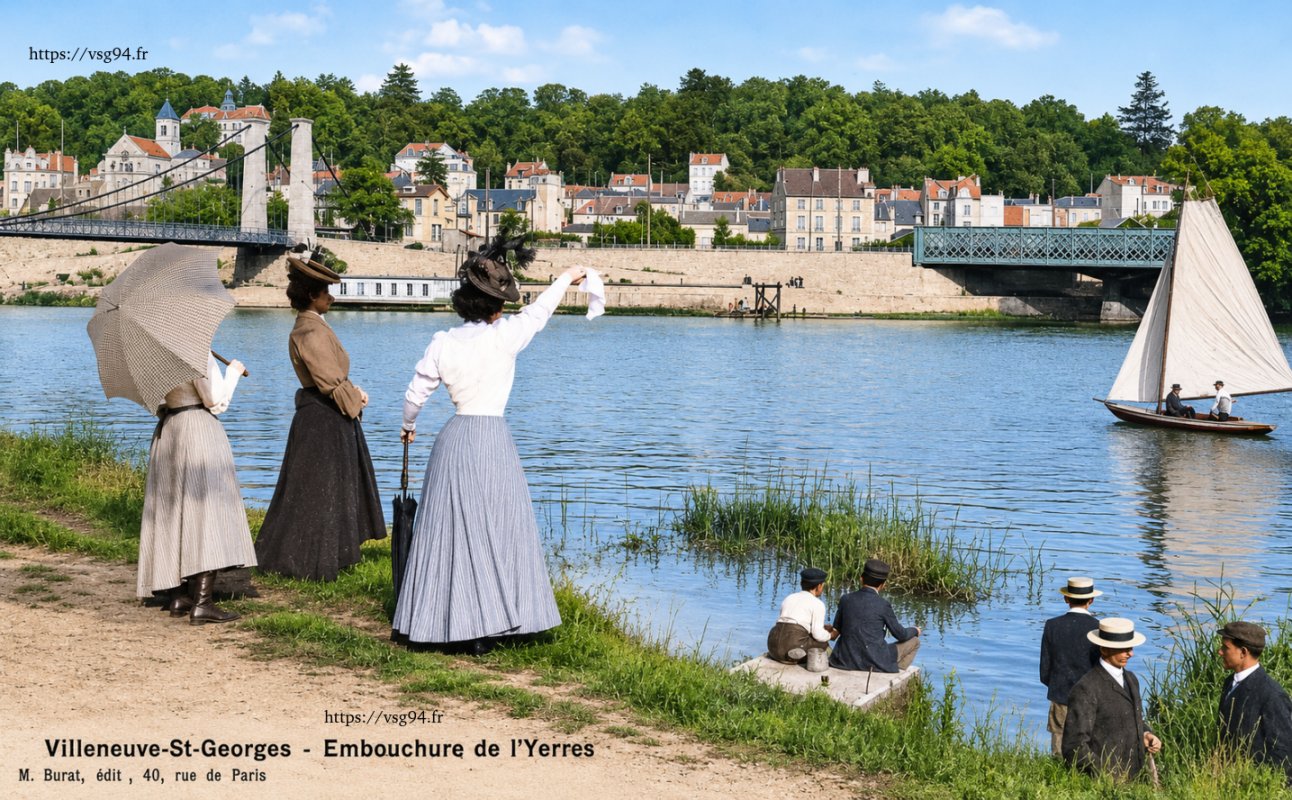Panorama sur la Seine vue sur Villeneuve, avant 1907, à gauche le pont suspendu, au fond le pont de fer PLM